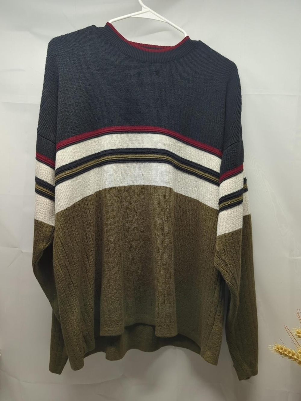 Bugle Boy Vintage Navy, Olive & White Striped Crewneck Sweater Oversized Fit